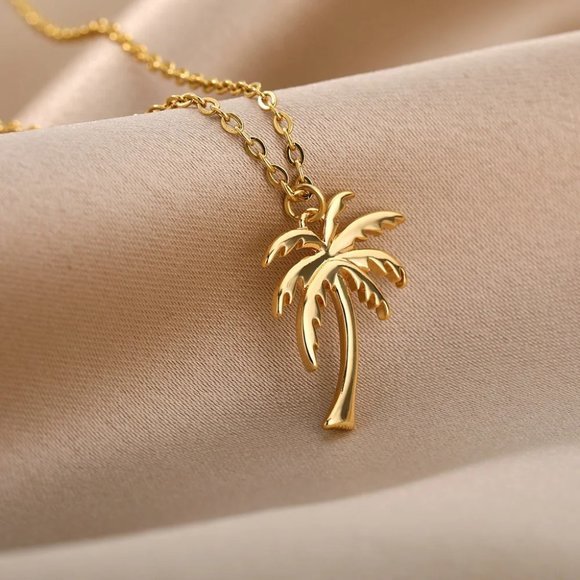 Gold Palm Tree Pendant Necklace Stainless Steel Coconut Tree, Beach Tropical - Picture 1 of 5